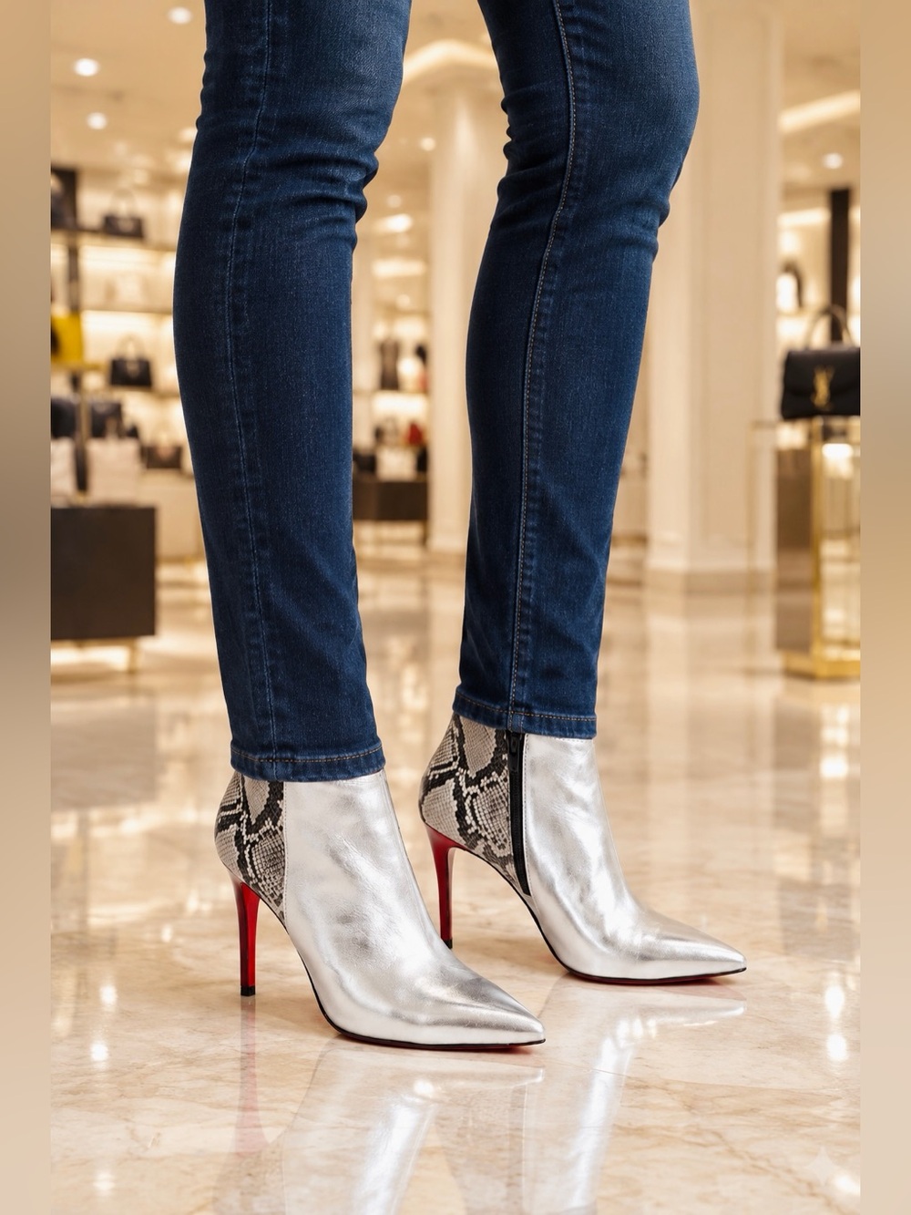 Silver patent Leather and Snakeskin Booties, zipper. Luxury. Made in Italy.
